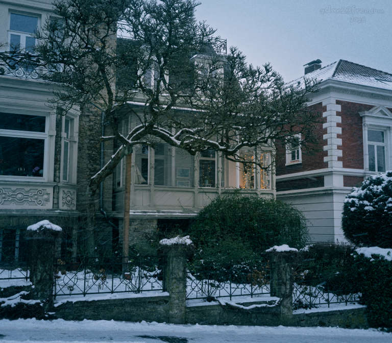 A residential street scene in winter with snow-covered houses and a warmly lit veranda, framed by snow-covered tree branches and softly falling snow. — The snow fell soft, the house stood still,   The boat set course by window’s will.