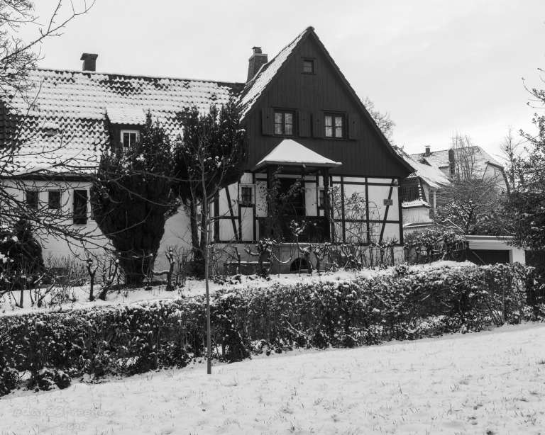 A traditional European-style house with steep rooflines and timber-framed facade sits in a snowy landscape. The snow clings to the roof and hedges, softening edges and adding texture. Leafless trees and bushes surround the house, their branches dusted in frost.